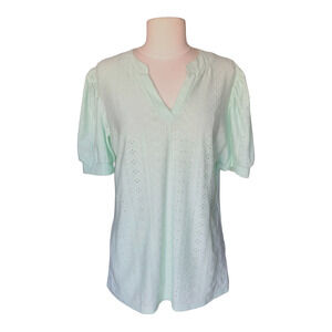 Bequemer Laden V-neck Top Tunic Blouse Puff Sleeve Green Women's Size Medium
